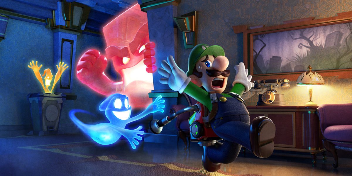 Luigi running away from some ghosts. [ Luigi's Mansion 3 ]