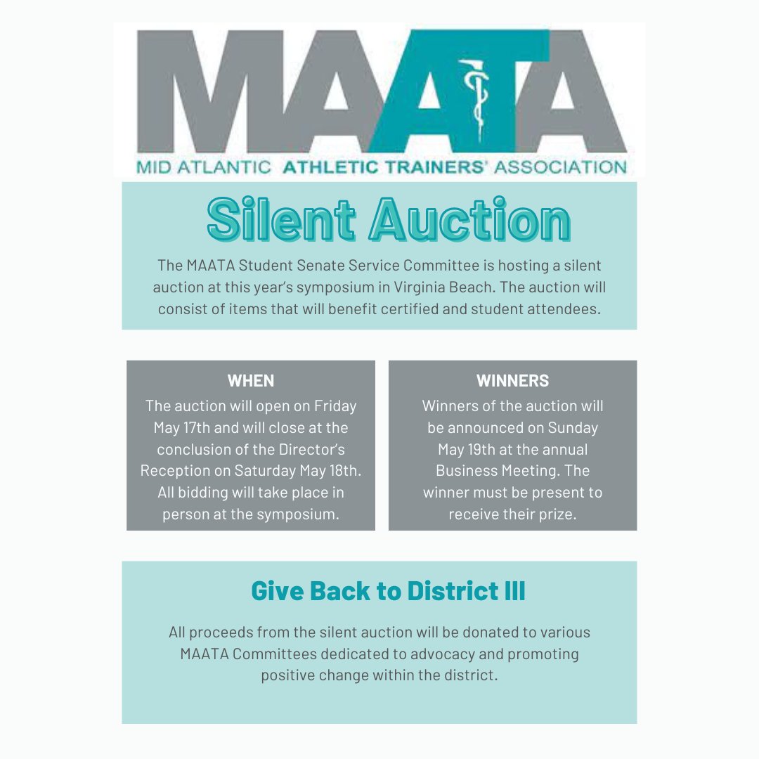 The MAATA Student Senate Service Committee will be hosting a silent auction at the MAATA annual symposium. The event will feature baskets filled with items ATs would appreciate winning! 

Interested? Reach out at maatastudentsenate@gmail.com.