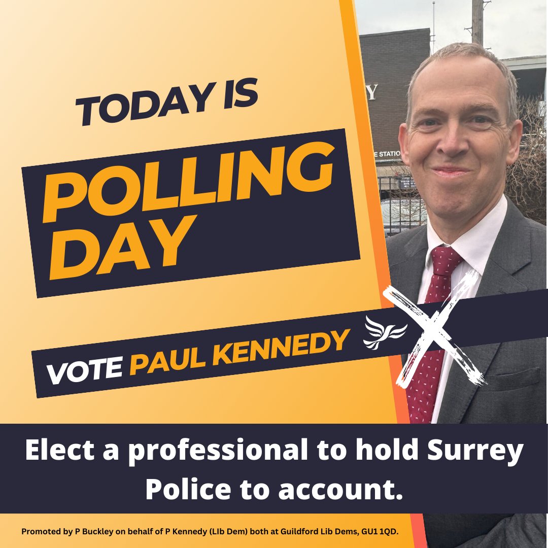 Today's the day! #Polls are open 7am-10pm for you to vote for @PaulKenLD as Surrey's new #Police & #Crime Commissioner 🔶 Don't forget your ID 🛂 Find nearest polling station: Epsom & Ewell shorturl.at/esHIS Mole Valley shorturl.at/ADMX8 #localelections24 #votelibdem