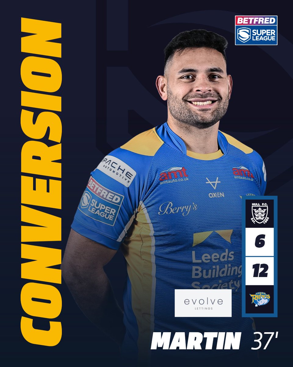 Rhyse Martin adds the conversion Hull FC 6 - 12 Rhinos 37'