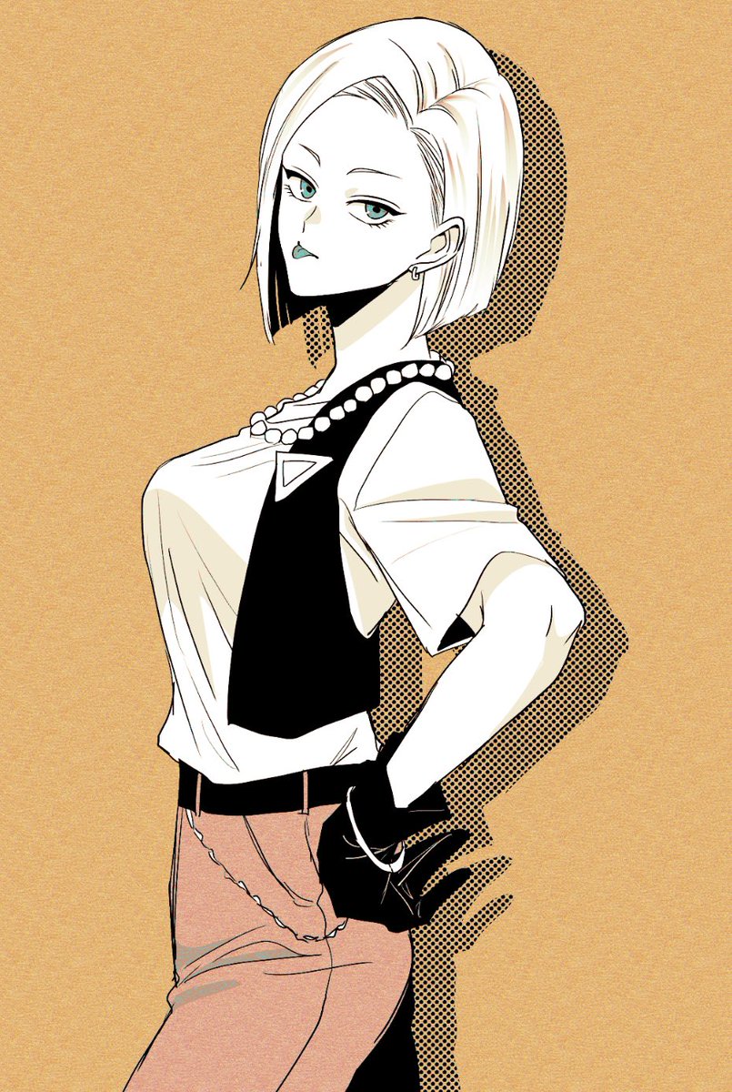 android 18 1girl solo breasts looking at viewer short hair blue eyes simple background  illustration images