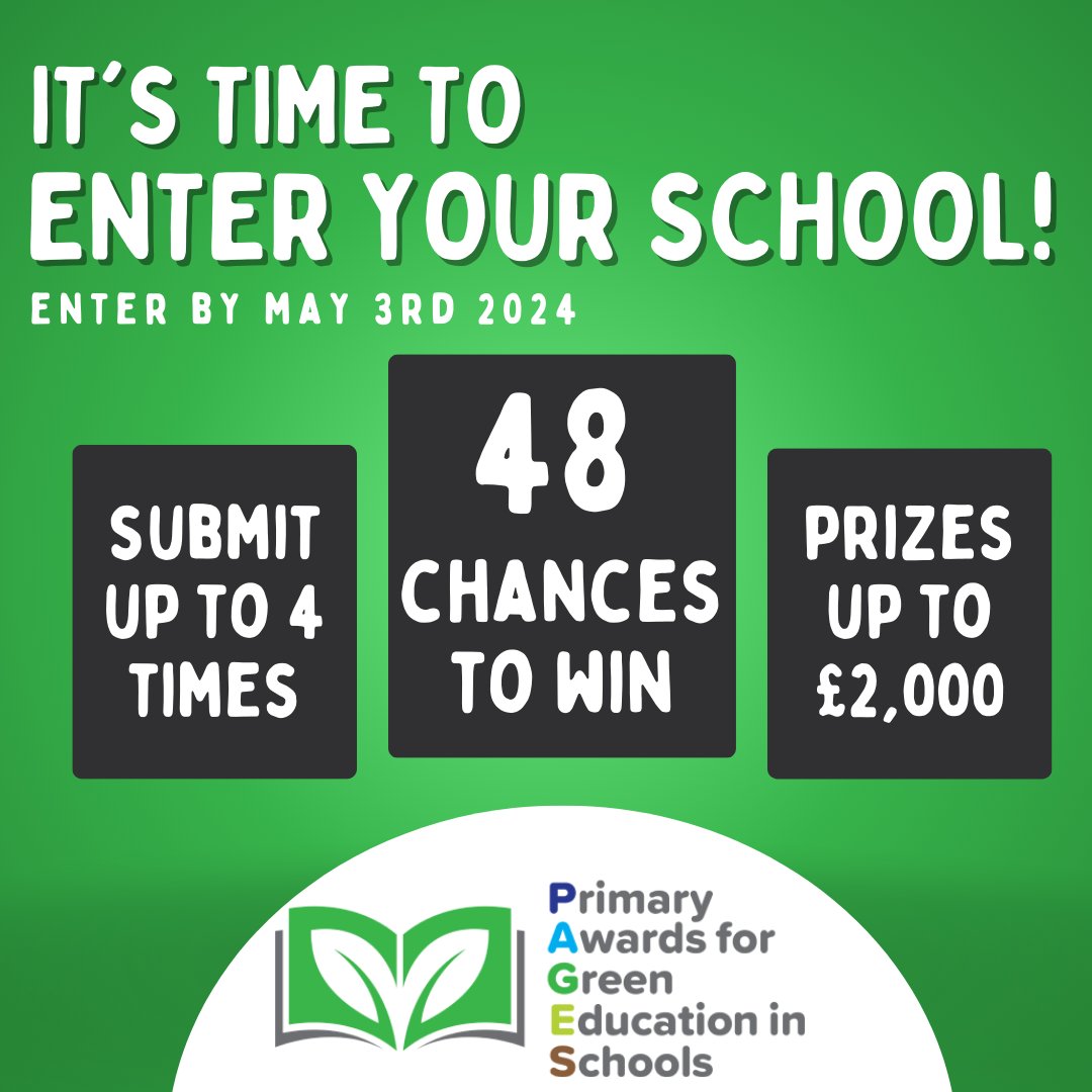 Don't miss out on winning big with PAGES! Enter any school environmental initiative for a chance to win up to £2,000! With 48 chances to win, including £500 for Regional Winners and £200 for Runners-Up. Plus, every entry gets a downloadable certificate! primaryawards4greeneducation.org.uk/school/signup