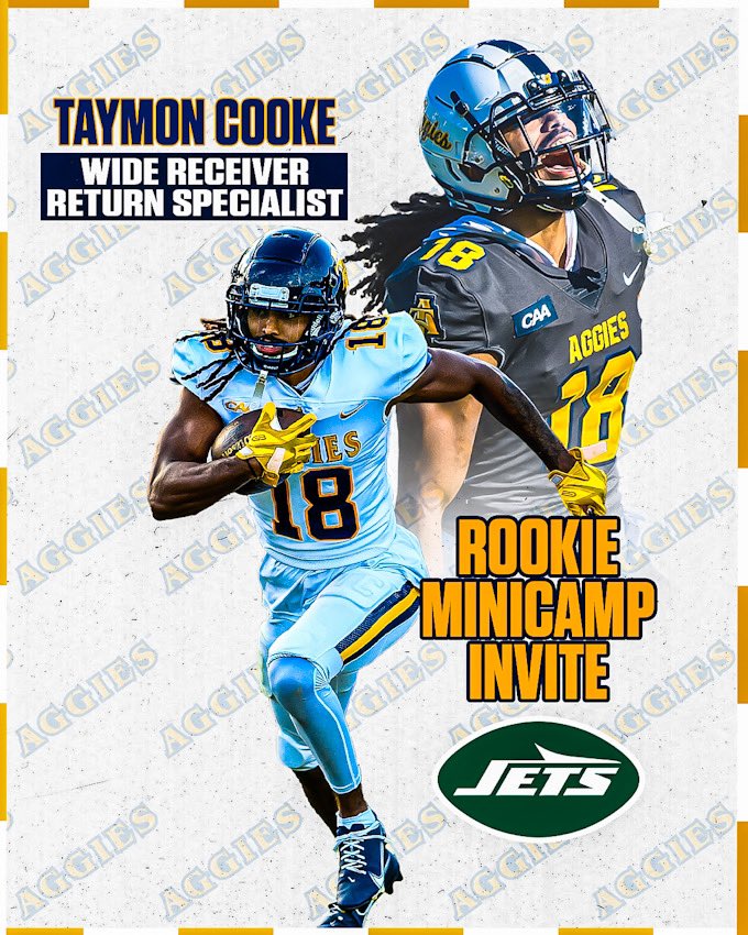 Congrats to Taymon Cooke (@TaymonCooke) on his camp invite with the @nyjets! Go work! 

#AggiePride | #Elite | #CAAFB