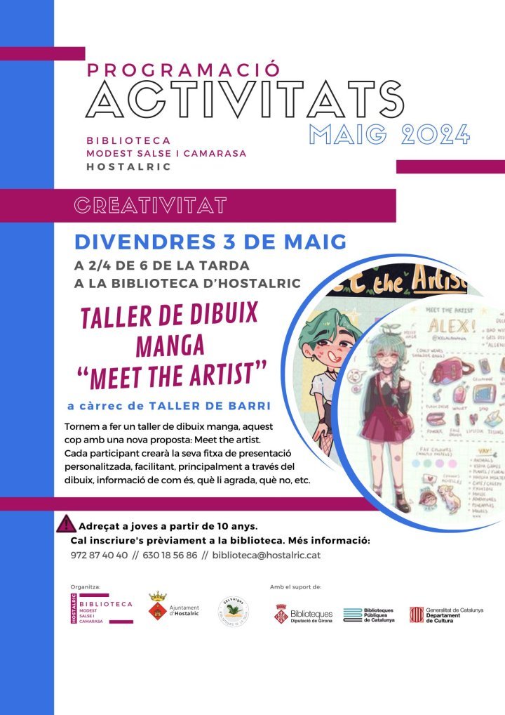 ATENCIÓN #HOSTALRIC‼️

Actividad: 'Taller de dibuix Manga Meet the artist' de la Biblioteca Modest Salses i Camarasa. Conduce la actividad El Taller del Barri.
🗓️ Viernes 3 de mayo.
🕙 A las 17.30h.
📍 Presencial.
ℹ️ Dirigido a jóvenes a partir de 10 años.