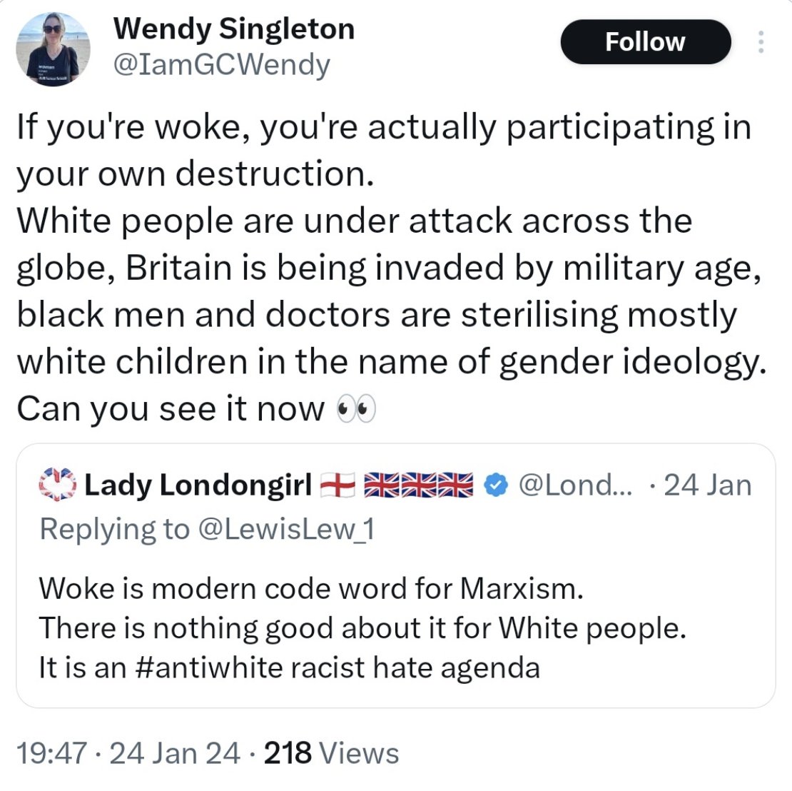 I can understand why the likes of @jk_rowling might want to shut down any suggestion that the gender critical movement is rife with right wing bigotry, but the evidence is clear for all to see. This example turned up in my thread today. Check the username