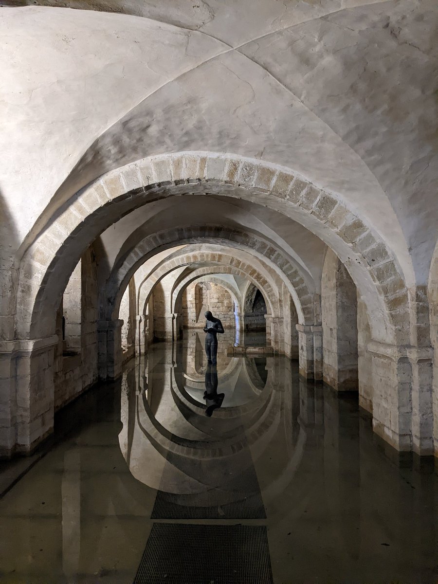 A statue in the flooded crypt at Winchester cathedral - Sound II by Antony Gormley. #asundayreflection