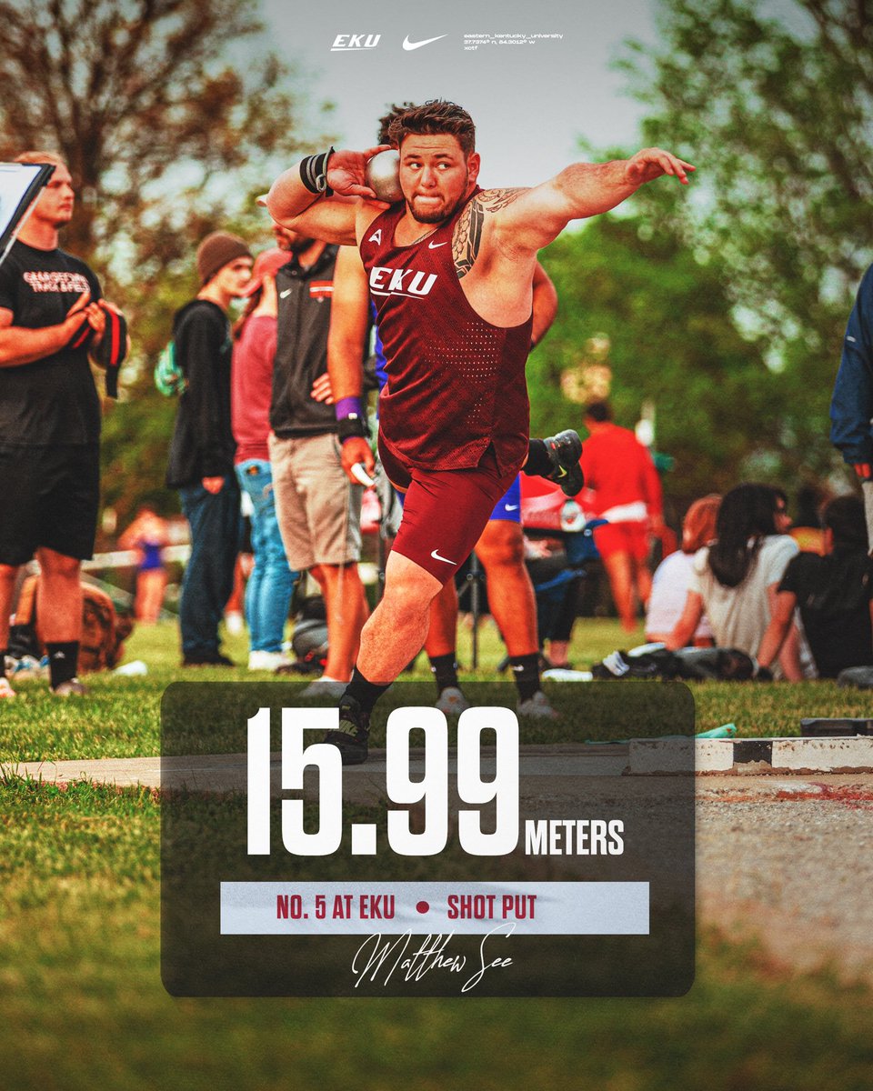 No. 5 in program history! Matthew See recorded a personal-best shot put of 15.99m to finish second at the Rick Erdmann Twilight! 👏 #GoBigE