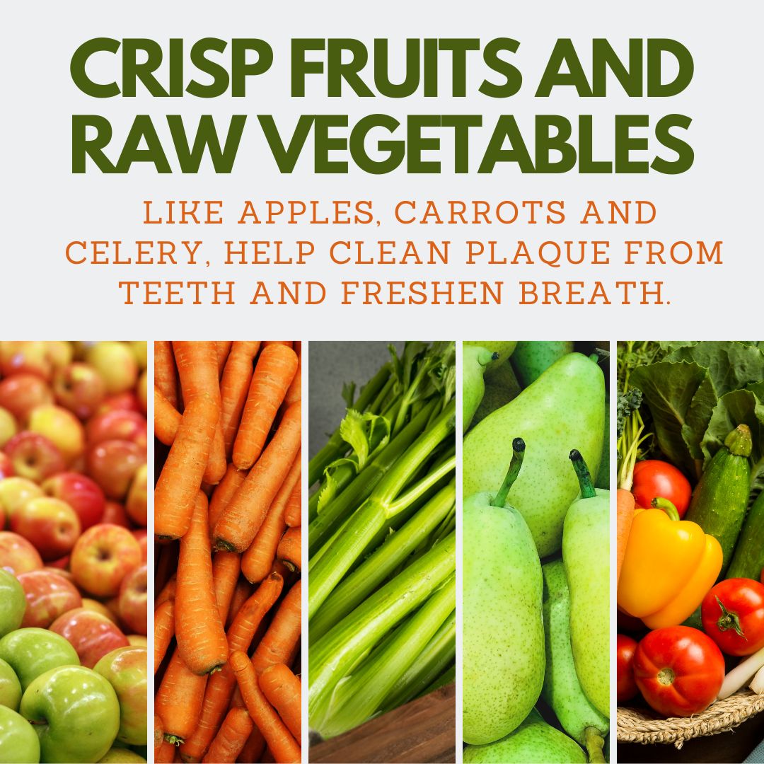 Nature's toothbrushes at your service! Crunch into some crisp fruits and raw veggies to keep your teeth clean and breath fresh. Who knew snacking could be so beneficial? #HealthySmile #NaturalClean #CrispFruits #RawVeggies