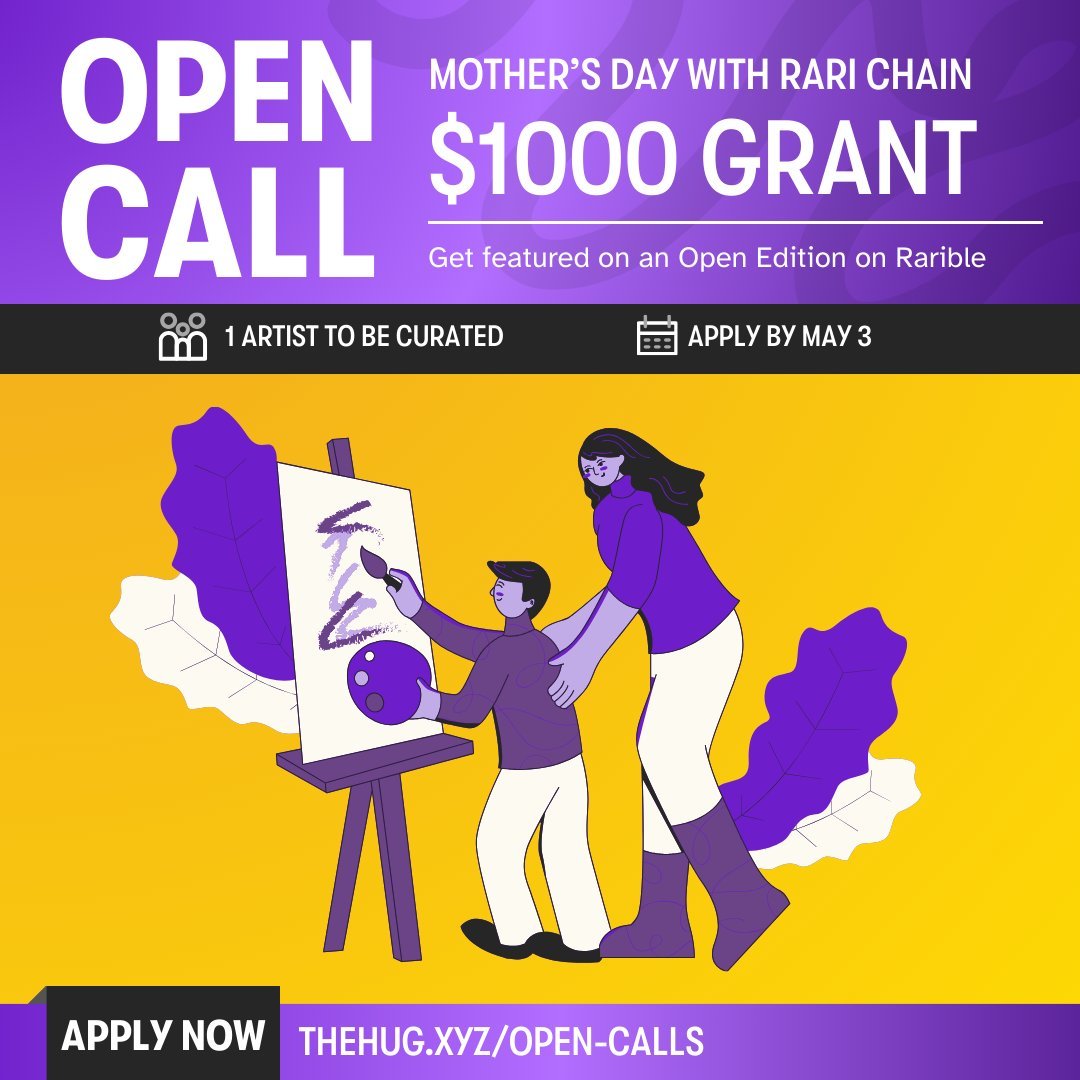 💜💛 $1000 Artist Grant for Mother's Day

Make some art that would make your mom proud! @RariChain is giving away a $1000 grant for art that can be shared as a @rarible Open Edition in honor of Mothers' Day.

Apply by May 3 🔗⤵️