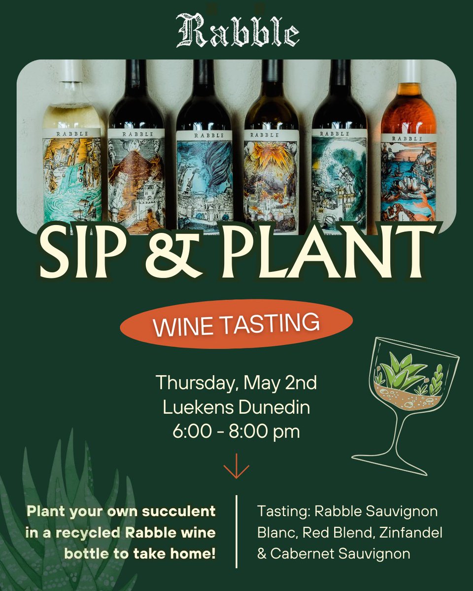 Join us at Luekens Dunedin Bar on Thursday, May 2nd, for a celebratory post-Earth Month tasting with Rabble Wines🍷 While tasting their amazing wines, guests can indulge in planting succulents in upcycled Rabble wine bottles to bring home! Purchase tickets now on our website!