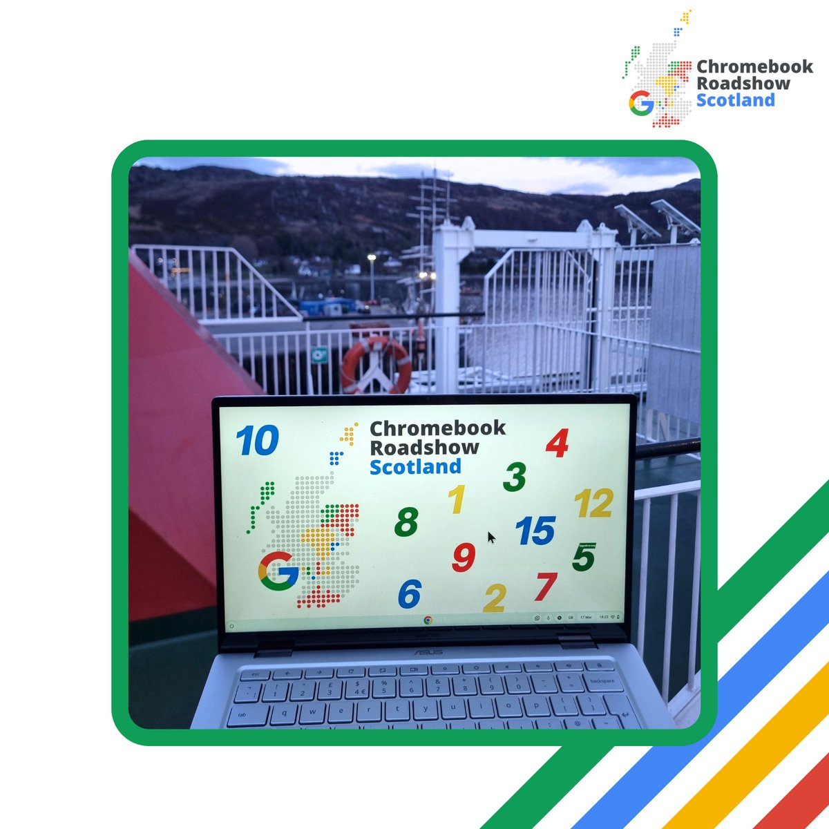 Thank goodness for the Chromebook's 12 hour battery, because I left my charger in the car and I'm not allowed back until we dock! 🛳️

Fancy a visit?
👇
chromebookroadshow.scot