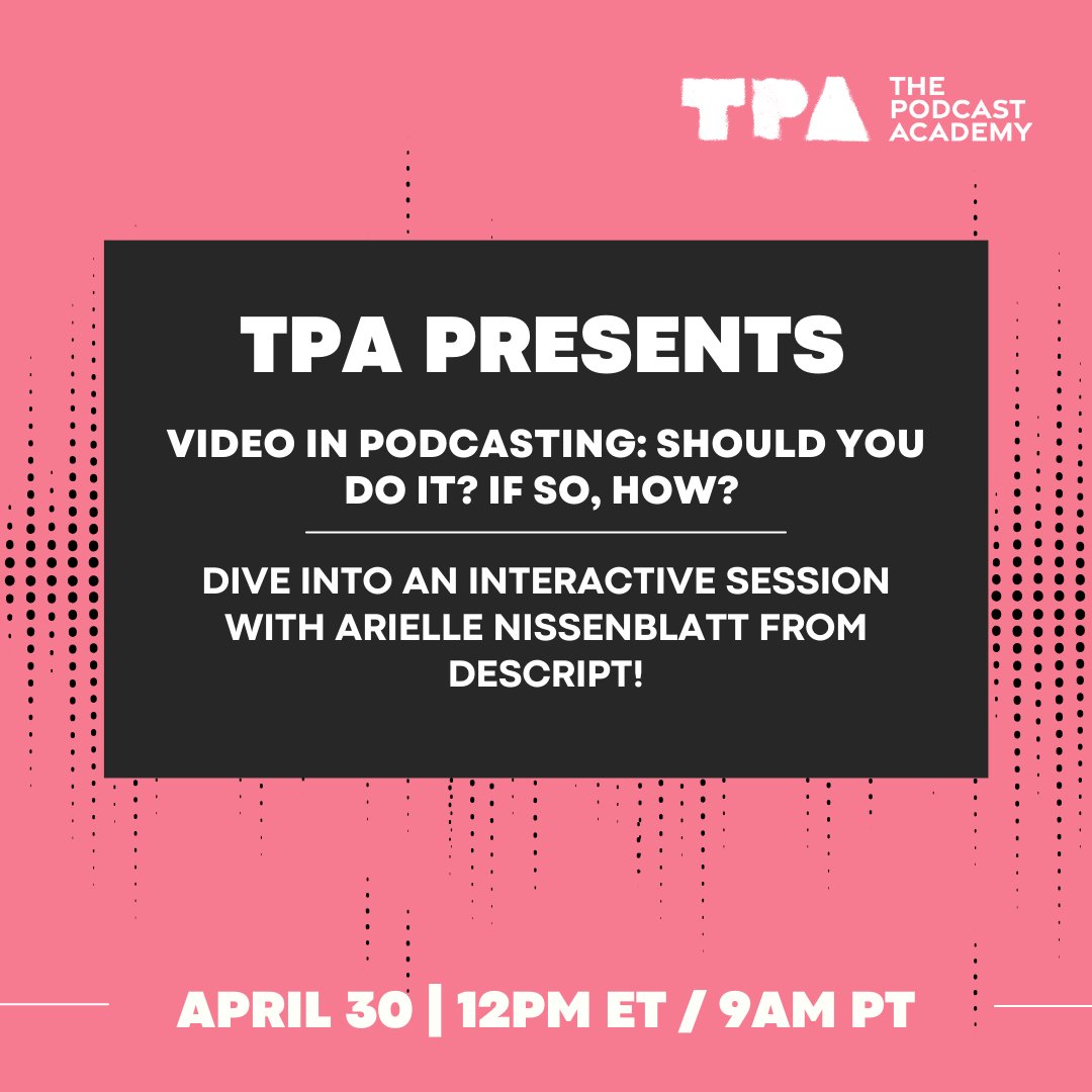 Come hang out with Arielle Nissenblatt from Descript as she dives into the world of video in podcasting in a fun and engaging 60-minute session! This event is open to everyone, so don't miss out! Register today: bit.ly/3TNfppD #thepodcastacademy @arithisandthat