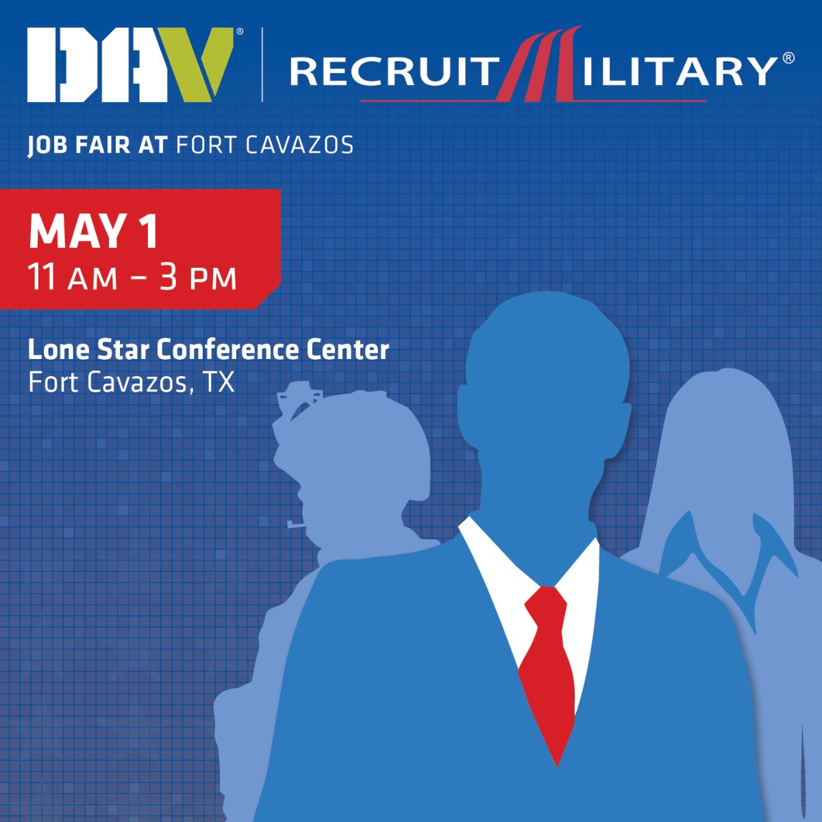 On Wednesday, May 1, at 11 a.m. (Central), DAV and @RecruitMilitary will host an in-person job fair for transitioning service members, veterans, members of the National Guard, Reserves and military spouses at Fort Cavazos. Register now: dav.la/3ra.