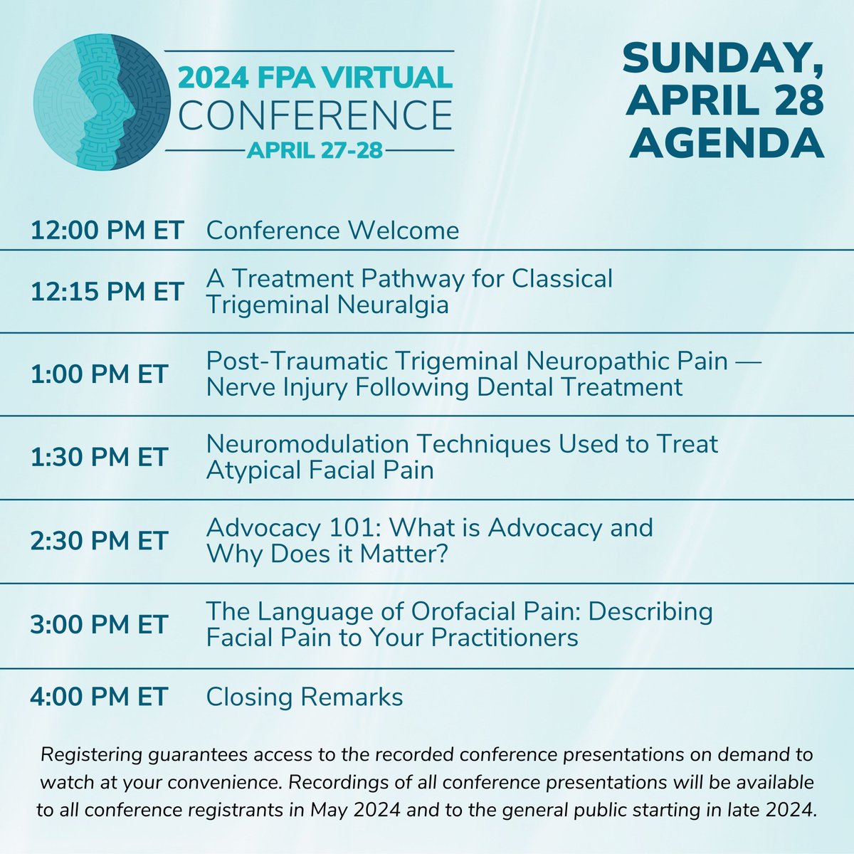 The 2024 FPA Conference continues today with a full day of educational presentations from 12:00 PM ET to 4:15 PM ET. If you have not yet registered and want to join us today, this is your last chance! Visit facepain.org/2024-fpa-confe… to register now.