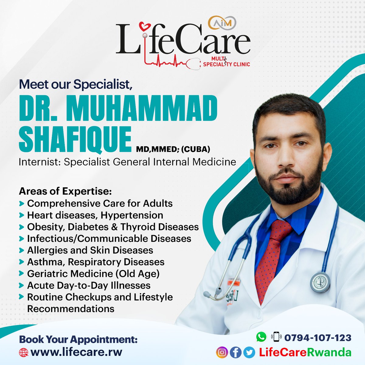 Introducing Dr. Shafique (specialised from Cuba) our Internal/ General Medicine Specialist, available full time during Clinic work hours.
Book an appointment online on lifecare.rw

#life #clinic #internist #rwanda #kigali  #lifecareclinic #universalhealthcare #health