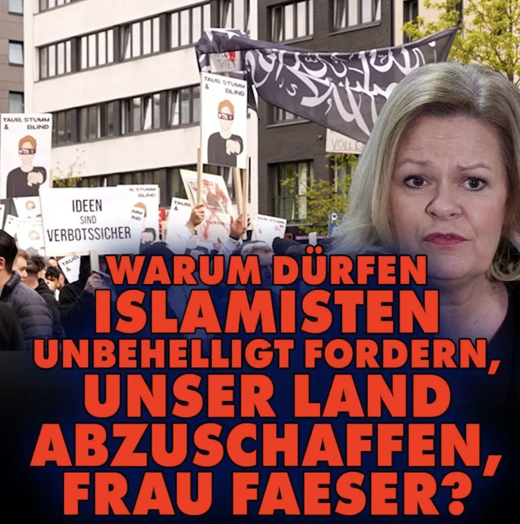 ‼️👉Warum dürfen Islamisten unbehelligt fordern, unser Land abzuschaffen, Frau #Faeser?⁉️

💥👉Wenn sich Feinde Deutschlands im Herzen des Landes versammeln und einen radikalen gesellschaftlichen Wandel fordern, der mit der Verfassung nicht vereinbar ist, so ist es die Aufgabe…