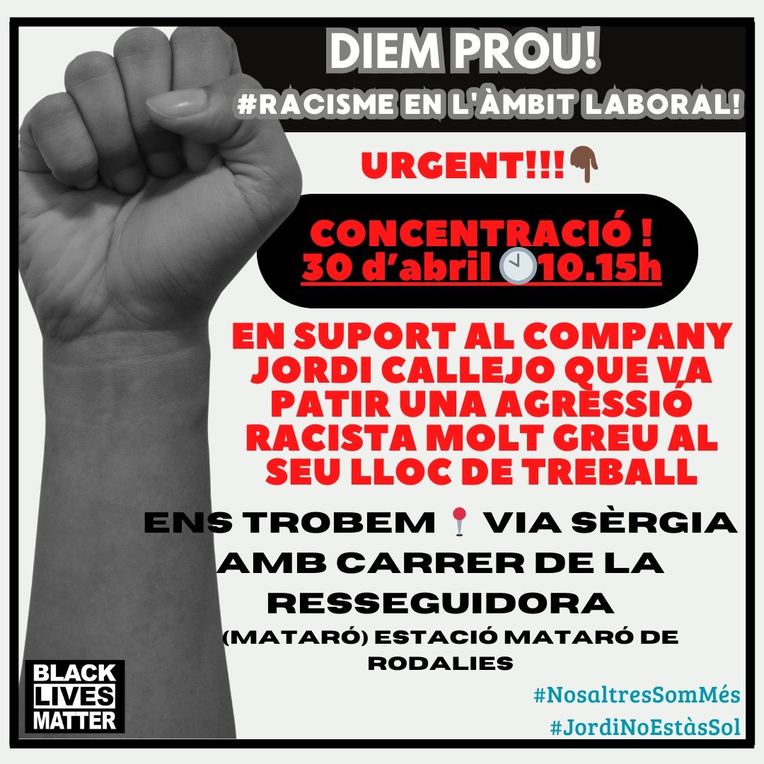 Jordi Callejo, activista d'@UCFRcat, va patir una agressió racista a la feina. Ara ha de tornar a treballar amb l'agressor.

#Marx21 hi serem per donar-li la nostra solidaritat i suport. #JordiNoEstàsSol
#aLaUnitatFaLaForça
Vine!!
📆 Dimarts 30 d'abril 🕰️ 10:15h 
📍RENFE Mataró