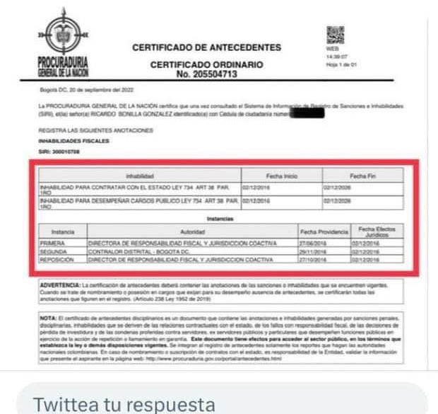 Si el inservible Ricardo Bonilla está inhabilitado por la @PGN_COL para desempeñar cargos públicos, por que es @MinHacienda ? @CNSCColombia Anexo certificado de procuraduría.