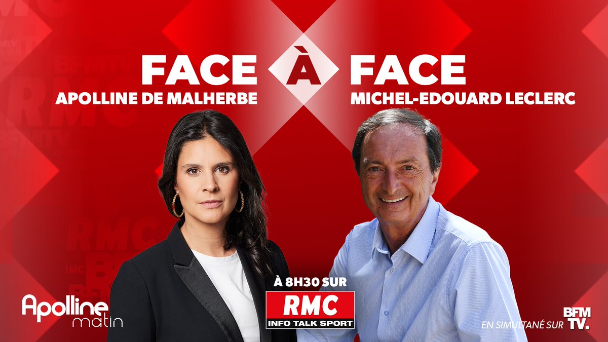 🎙 Demain, Michel-Edouard Leclerc (@Leclerc_MEL), président du comité stratégique des centres E. Leclerc, sera l’invité du #FaceÀFace avec @apollineWakeUp. 👉 Rendez-vous à 8h30 sur RMC et @BFMTV.