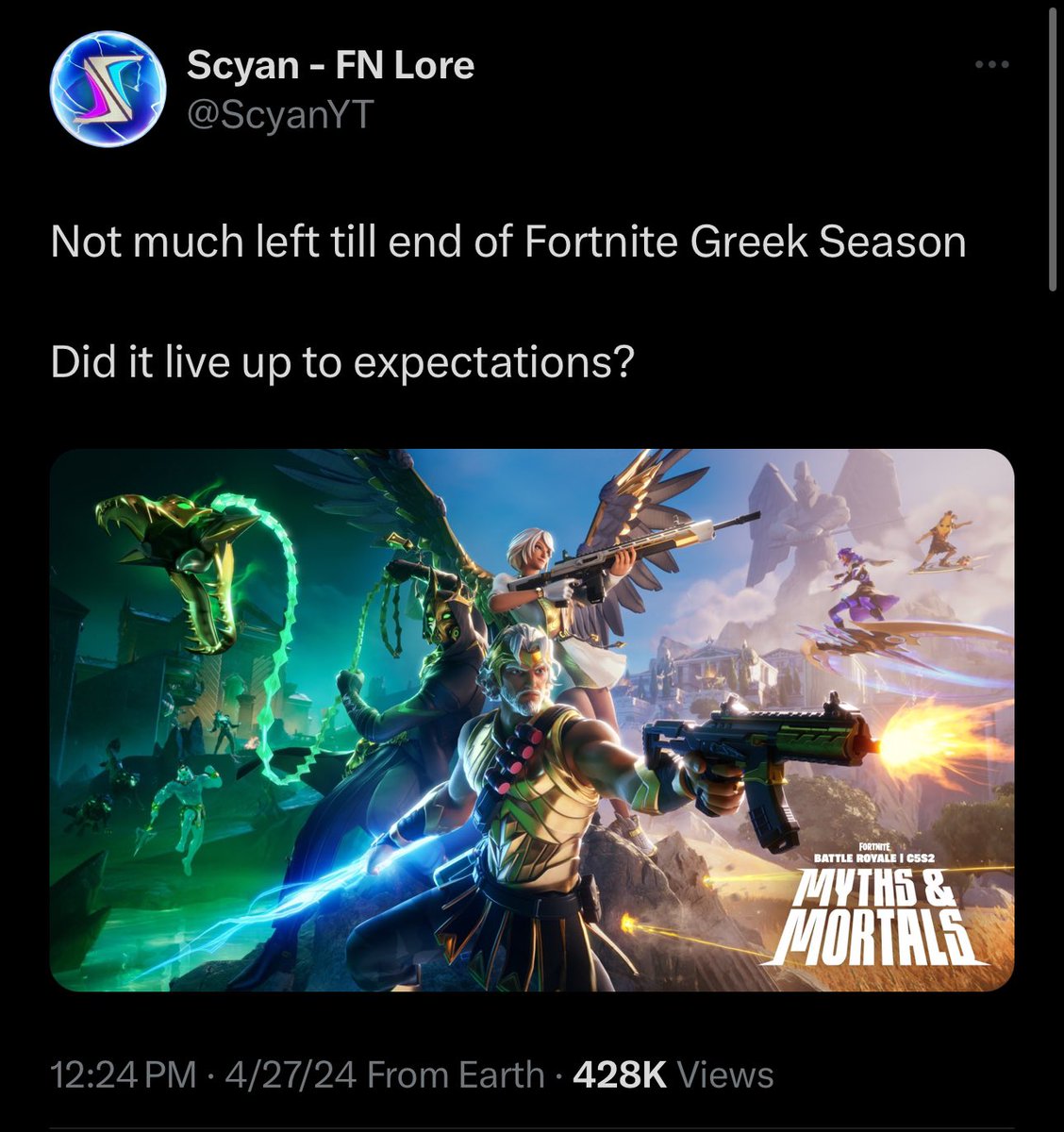 More than 400k people are disappointed with Greek Fortnite Season
Here is why:

1- The skins a lot of them are wonderful, but they are not paying respect enough to the actual greek mythology looks, and most of the time look like normal people rather than gods.

Zeus did not need…