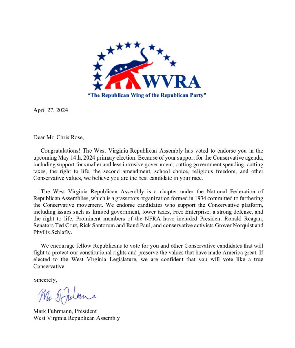 I am honored to announce that the West Virginia Republican Assembly has endorsed my candidacy to be the next WV State Senator for District 2. The endorsements from staunch conservatives keep coming because I am the ONLY TRUE CONSERVATIVE running for the WV Senate in District 2.