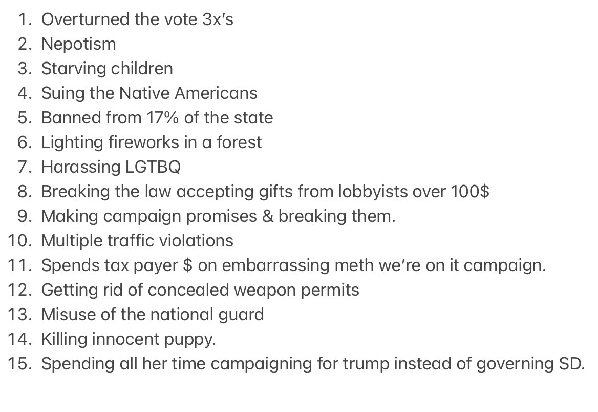 I’m sure I’ve missed 15 or more others! <a href="/KristiNoem/">Kristi Noem</a> ‘s list of accomplishments since being South Dakota’s first woman governor! Such an embarrassment! By all means add to the list..