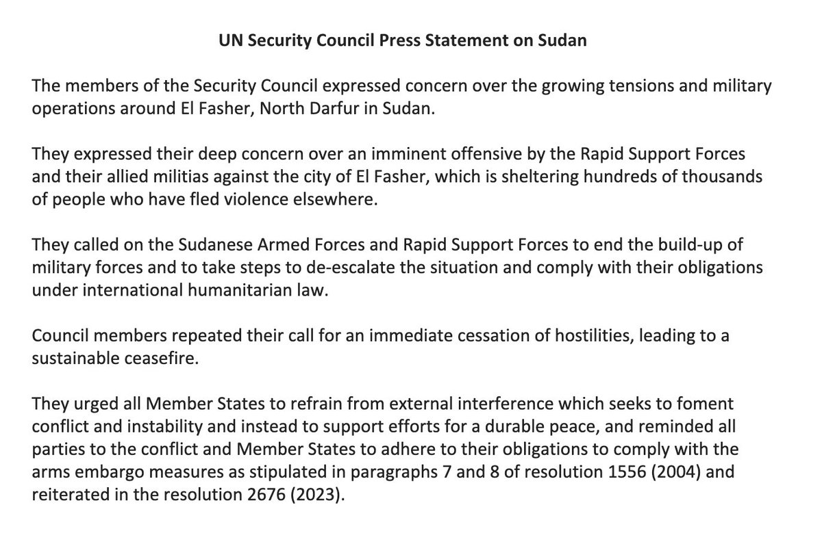 The UN Security Council is deeply concerned over an imminent offensive by the RSF and their allied militias against the city of El Fasher, which is sheltering hundreds of thousands of people who have fled violence elsewhere. The Council calls on the SAF and RSF to end the…