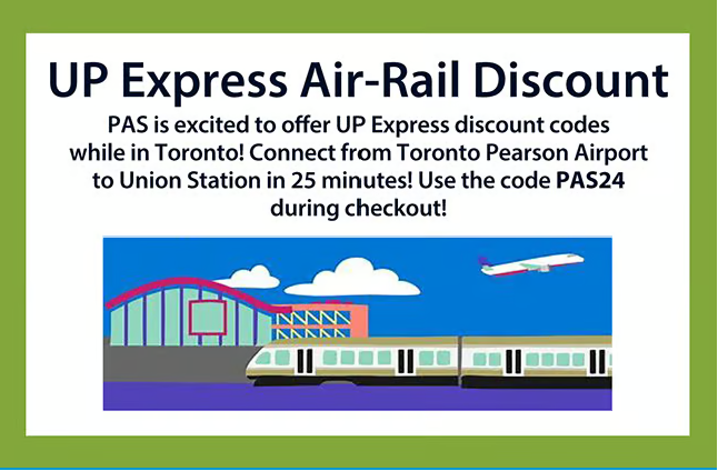 🚆✈️ Exciting news for #PAS2024 attendees! Enjoy UP Express discount codes in Toronto! Use code PAS24 at checkout