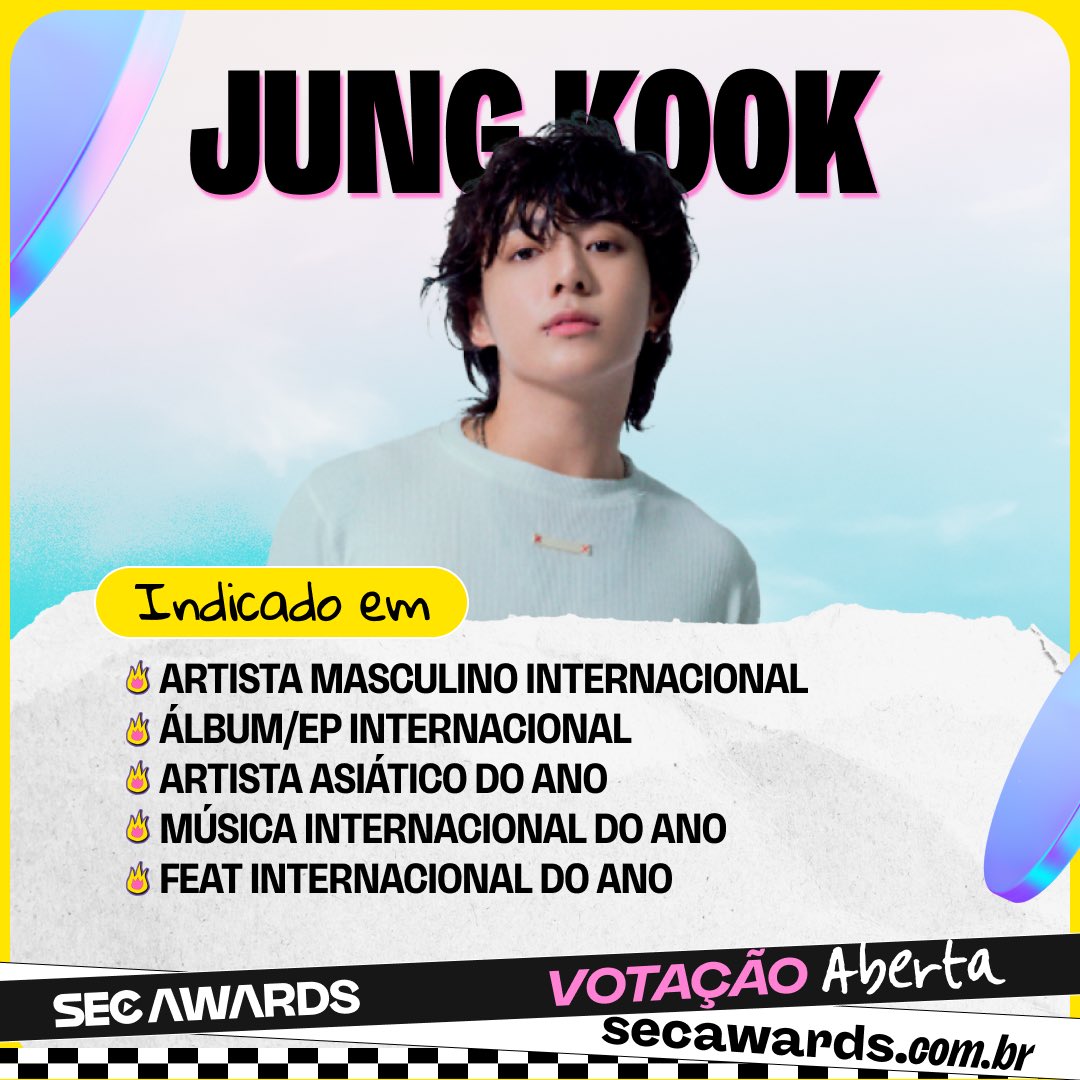 Jung Kook está indicado em cinco categorias no #SECAwards 2024! 🎤 A votação está aberta e no site os votos tem peso 2. secawards.com.br