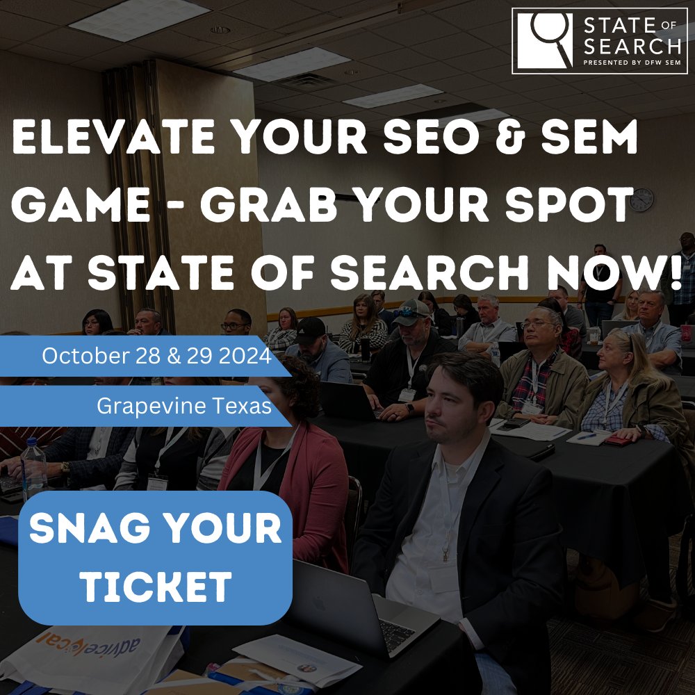 🚨 Early Bird Pricing at State of Search Conference! 🚨

stateofsearch.org/conference/reg…

Time is ticking, and so is your chance to save BIG on tickets to the must-attend search marketing event of the year! 

#StateOfSearch #DigitalMarketing #SearchMarketing
