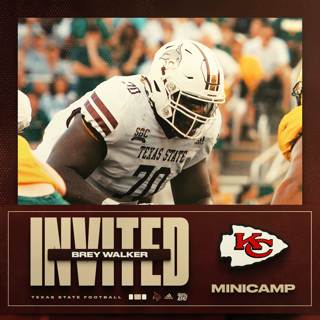 Texas State Football (@txstatefootball) on Twitter photo Another opportunity earned ✅
<a href="/BreyWalker/">Brey Walker</a> has earned an invite to <a href="/Chiefs/">Kansas City Chiefs</a> minicamp
#EatEmUp #TakeBackTexas Another opportunity earned ✅
<a href="/BreyWalker/">Brey Walker</a> has earned an invite to <a href="/Chiefs/">Kansas City Chiefs</a> minicamp
#EatEmUp #TakeBackTexas