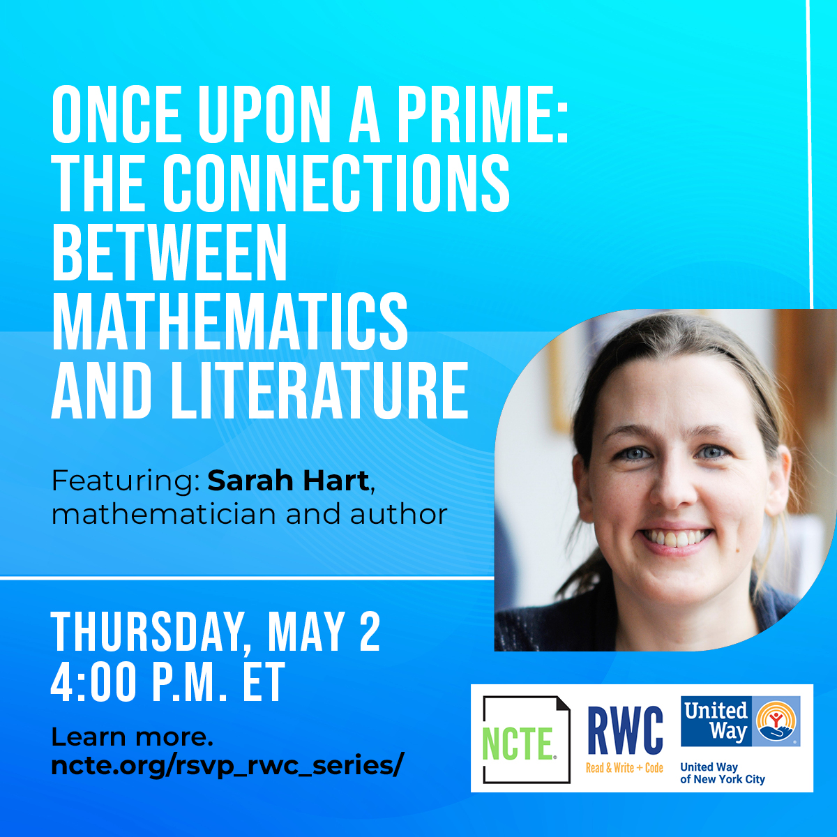 Join us on 5/2 for the third installment of the Read & Write + Code series: 'Once upon a Prime: The Connections between Mathematics and Literature.' Sarah Hart will show that mathematics and literature are inextricably linked. Register at ncte.org/rsvp_rwc_serie….