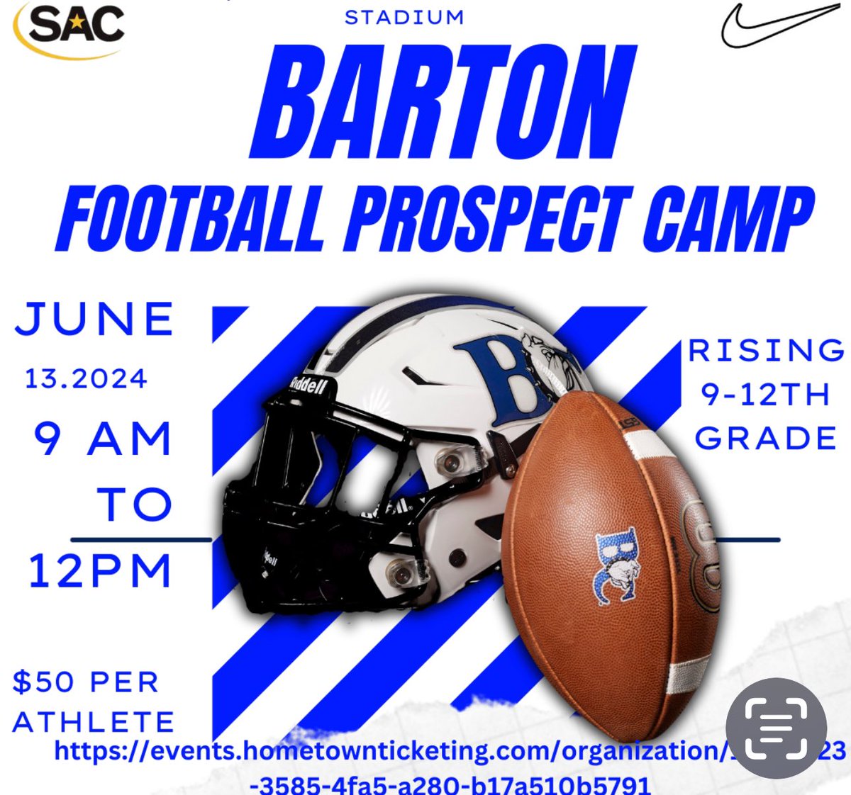 Barton College Ffootball Prospect Camp!  9-12 grade! Contact to register!
