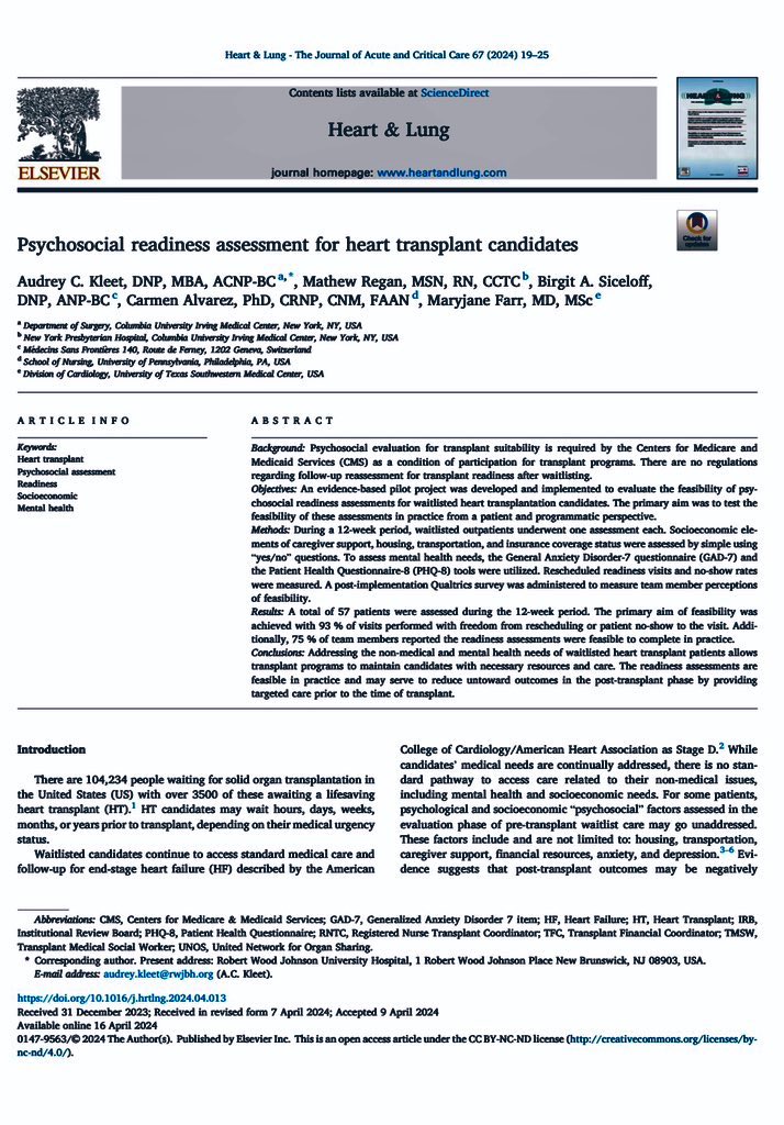 NP Kleet (@dnpkleet) on Twitter photo Announcing our publication in <a href="/haljournal/">Heart & Lung Journal</a>, “Psychosocial readiness assessment for heart transplant candidates”
🙏🏼Much gratitude to collaborators <a href="/MaryjaneFarrMD/">Maryjane Farr MD MSc, FACC FAST FHFSA FAHA</a> @mregan_9 <a href="/BSiceloff/">Birgit Siceloff</a> <a href="/Alvarez11C/">Carmen Alvarez</a>
🔑Read it thru open access: sciencedirect.com/science/articl… Announcing our publication in <a href="/haljournal/">Heart & Lung Journal</a>, “Psychosocial readiness assessment for heart transplant candidates”
🙏🏼Much gratitude to collaborators <a href="/MaryjaneFarrMD/">Maryjane Farr MD MSc, FACC FAST FHFSA FAHA</a> @mregan_9 <a href="/BSiceloff/">Birgit Siceloff</a> <a href="/Alvarez11C/">Carmen Alvarez</a>
🔑Read it thru open access: sciencedirect.com/science/articl…