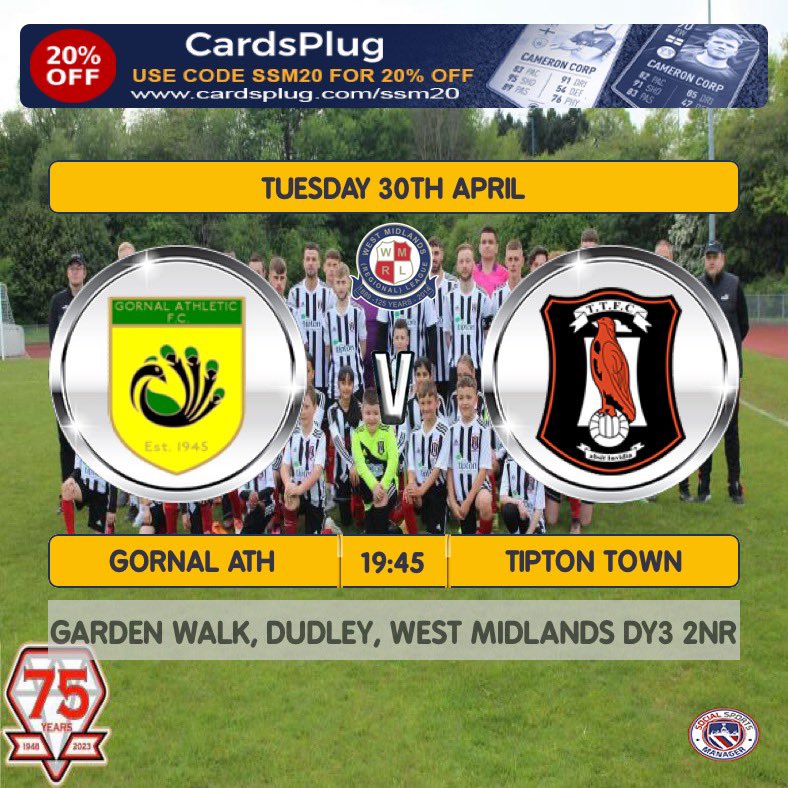 🖤⚽️NEXT UP ⚽️🤍 ⚽️GAME 28 📅 TUESDAY 30/04/2024 ⚽️ @GornalAyWe 🏆 WMRL 🕖 19-45 PM 📍 Garden Walk, Dudley , West Midlands DY3 2NR #tiptonaywe @imyourpa @Plyvine @wmrfl The last time the Club will play at Garden Walk .