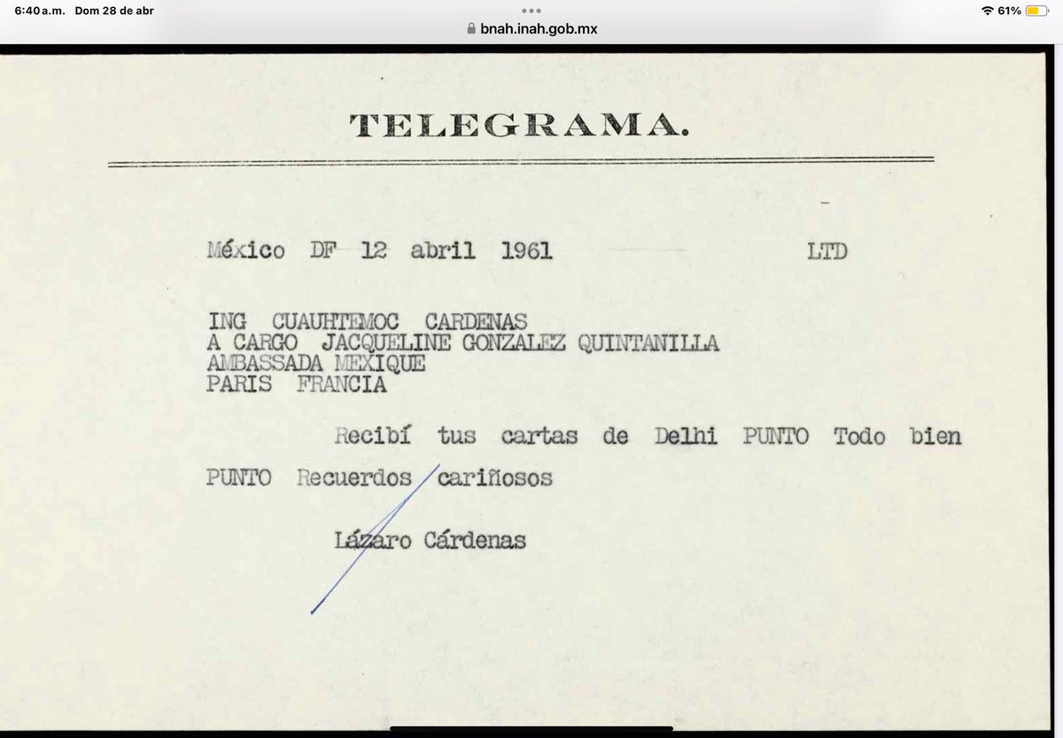 Telegrama del General al ingeniero Cárdenas.