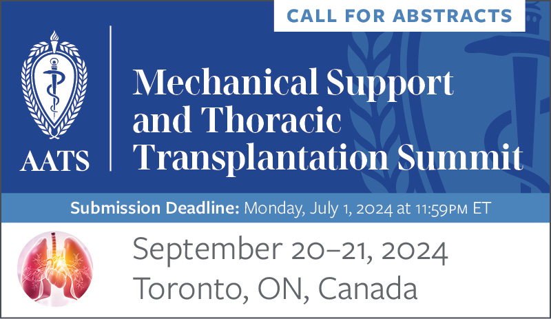 The AATS Mechanical Support and Thoracic Transplantation Summit is now accepting submissions. Topics include Lung and Heart transplant, mechanical circulatory support/LVADs, and paracorporeal support. Submit to #MechSummit2024 by July 1: events.aats.org/mechanical24/c… #AATS2024