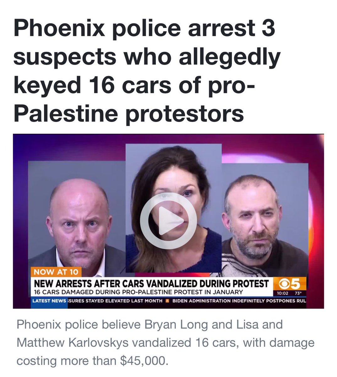 🚨 ARREST WATCH: In case you missed it, three alleged criminals were charged in connection with the vandalism of protestors’ cars in Arizona

🔴 Dr. Matthew Karlovsky, urologist at @DignityHealth

🔴 Bryan Long, CFO at Signature Dental Partners

🔴 Lisa Karlovsky