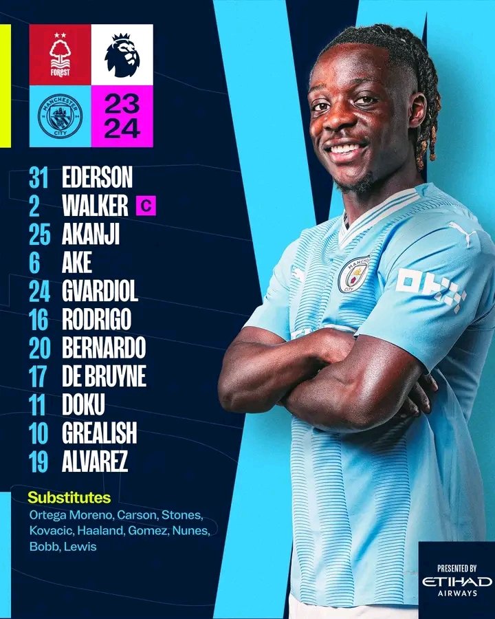 Your City side to take on Forest! 🩵

XI | Ederson, Walker (C), Akanji, Ake, Gvardiol, Rodrigo, Bernardo, De Bruyne, Doku, Grealish, Alvarez

SUBS | Ortega Moreno, Carson, Stones, Kovacic, Haaland, Gomez, Nunes, Bobb, Lewis

#ManCity | Etihad Airways
