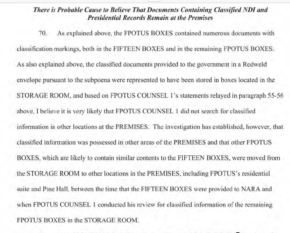 Important to note this affidavit was prepared by an agent out of the hopelessly corrupt Washington FBI field office. I REALLY wish the name was not redacted So the rationale is--since the FBI claimed national defense info was found in NARA boxes and docs produced to FBI in…