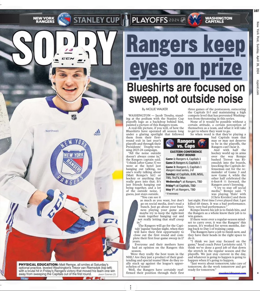 #NYR spread in today’s @nypost ahead of Game 4 vs. Capitals ⬇️ Rangers not letting outside noise creep in with focus on sweep➡️ bit.ly/4de5Rvt Earlier the better➡️ bit.ly/4aUOK0f Brooks: The Rempe Police are gonna have to deal with it➡️ bit.ly/4devGvt