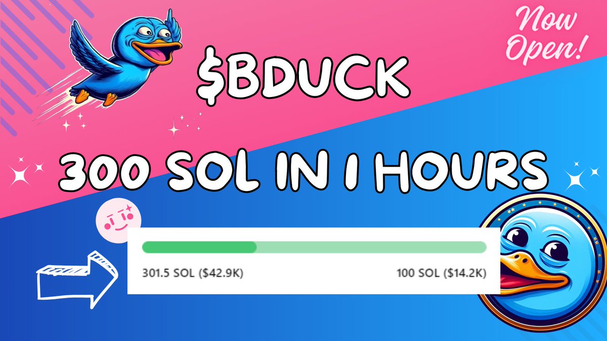 😍 UNBELIEVABLE! 😍 🚀Over 300 SOL raised just 1 hour after the opening!!! 🚀 🥰Thank you all.🥰 ♥️You are amazing, my ducks!! ♥️ #BDUCKloveU $BDUCK to the moon! #BDUCKtothemoon #BDUCKFAM #BlueduckFAM #BDUCK #Blueduck Say goodbye to dogs and cats, the blueduck is in the