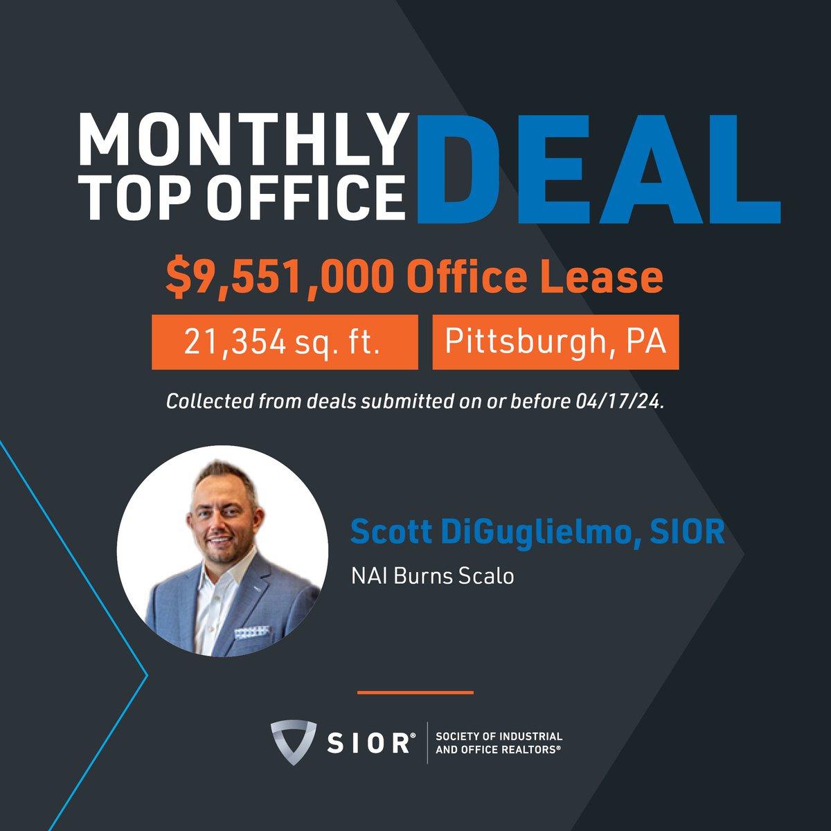 Where there's an SIOR, there's a way to close the deal. Congratulations to Scott DiGuglielmo, SIOR, for landing the top deal of the month of March for his hard work on a $9.6M #office lease in Pittsburgh! Submit your deals: hubs.ly/Q02vd7sZ0 #CRE #Transactions #TopBrokers