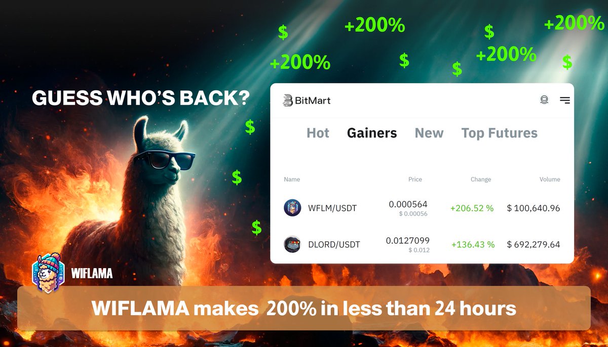 Who would've thought our token was just waiting for the perfect moment to take off? 🚀 Back in action with a 200% surge in the last 24 hours!

#CryptoRevolution #ToTheMoon #altcoins #halving #memecoins #wiflama 🌕💰