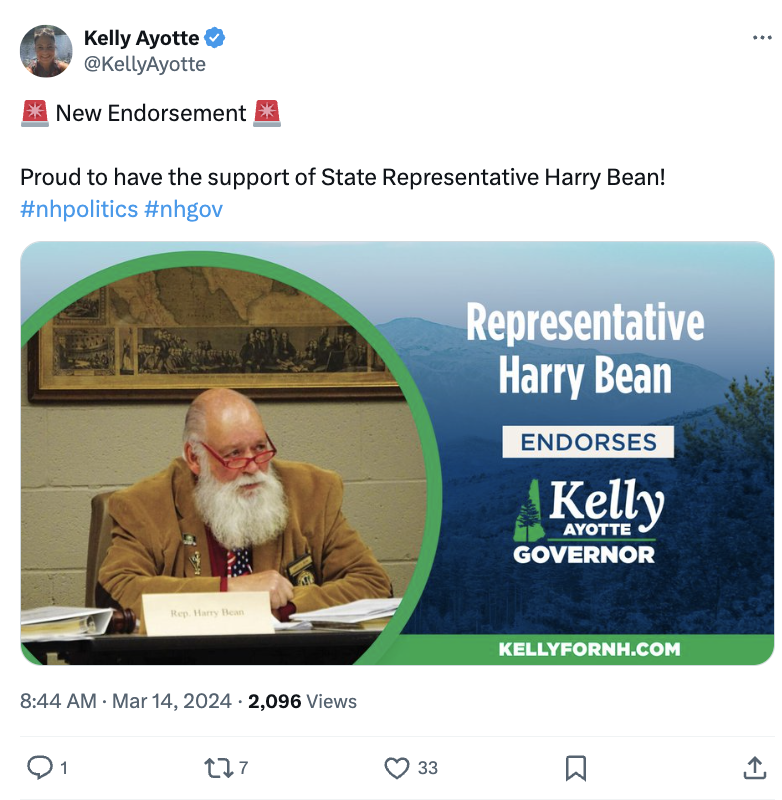 Kelly Ayotte continues to tout endorsements from very questionable characters. Like Harry Bean, who reposted a photo depicting Hillary Clinton standing next to hangmen’s nooses on his personal Facebook page. You are the company you keep, Kelly. #NHGov wmur.com/article/state-…