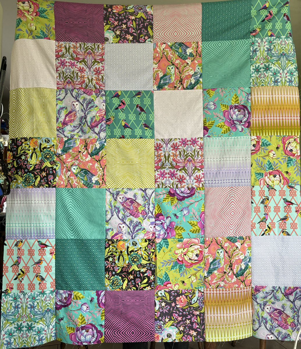 A quilt for me this time. Yay. Throw sized. Just the top made.  Very basic 10” square construction but, with beautiful fabric, simplicity reigns supreme. Need to sandwich, baste, quilt &amp; bind but it’s a start. #TulaPink <a href="/TulaPink/">Tula Pink</a> #QuiltForMe #ThrowQuilt #BespokeGift #MadeByMe