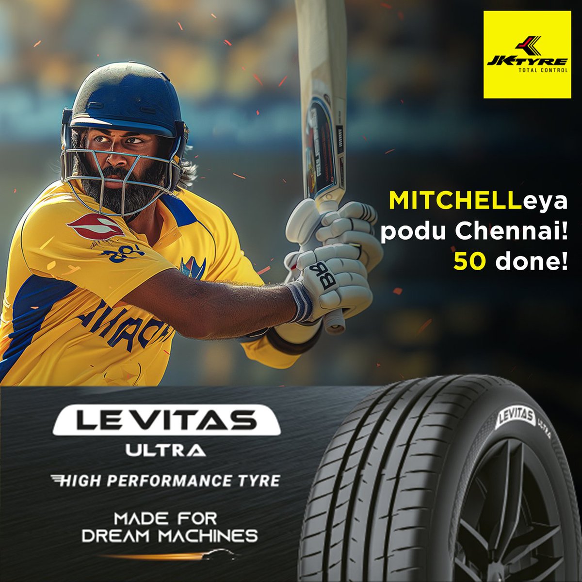 A premium display of batting prowess by this Super King! Switch to this #Levitas Ultra Tyre, from JK Tyre, made for dream machines, and experience premium-quality tyres and luxury-class rides. #JKTyre #IndianT20League #Chennai #Hyderabad