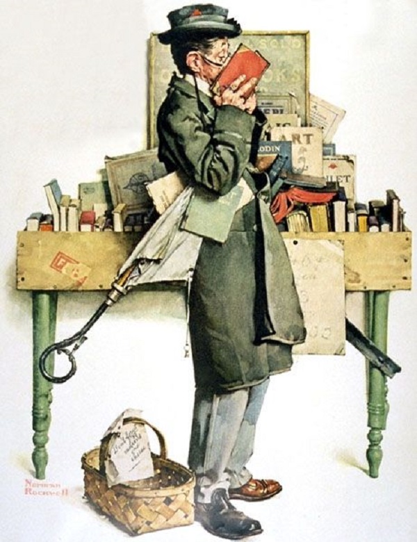 'Mól książkowy. Mężczyzna z nosem w książce' (The Bookworm. Man with Nose in Book), malował Norman Percevel Rockwell w hołdzie Spitzwegowi, 1926.