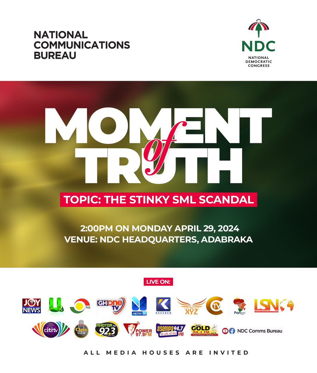 Don’t miss tomorrow’s Edition of the NDC’s Moment Truth presser on the stinky SML scandal 🔥🔥🔥