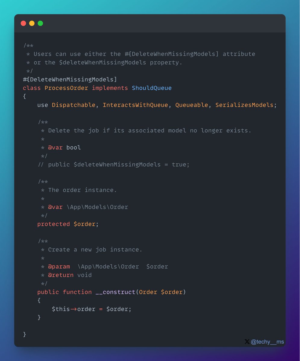 Ensure job integrity with Laravel's #[DeleteWhenMissingModels] attribute. Automatically discard jobs if associated models no longer exist, preventing failures due to missing data. 
#php #Laravel #laraveltips